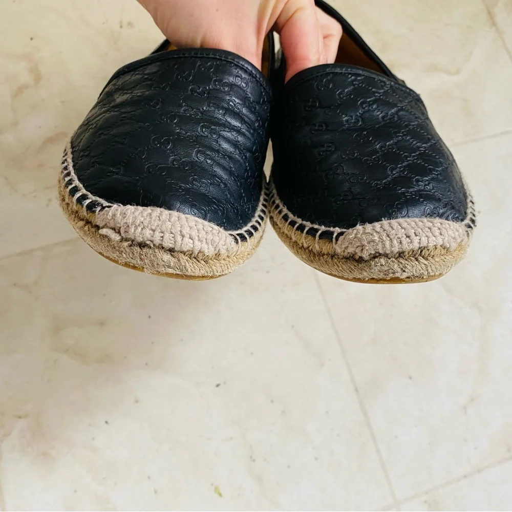 Gucci Micro Guccissima GG Monogram Black Leather Espadrilles Flats Size 8/38